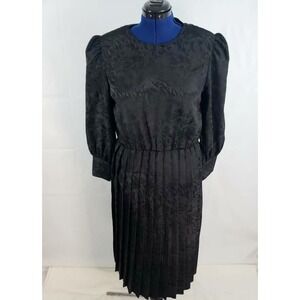 Vtg Sweet Miranda Womens Sheath Dress Black Floral Bishop sleeves Pleated 16 U22